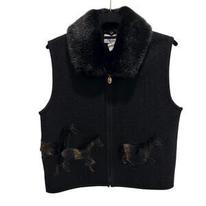 Vintage Nitro Black 100% Boiled Wool Faux Fur Horse Applique Vest Womens Medium